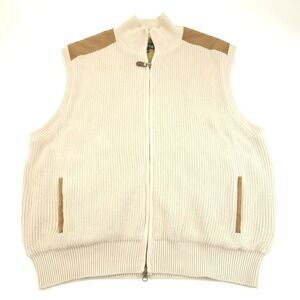 Orvis Sweater Vest Mens XL Tan Knit Leather Trim Heavyweight Full Zip Cotton